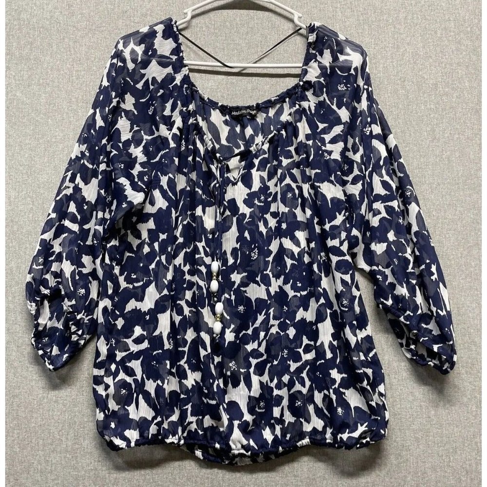 Madison Paige Women's Sheer 3/4 Sleeve Navy & White Blouse, Size XLarge